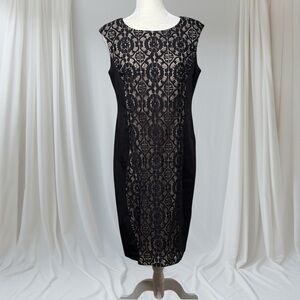 London Style Black Lace Panel Midi Sheath Dress Women’s Sz 12 Sleeveless Pencil